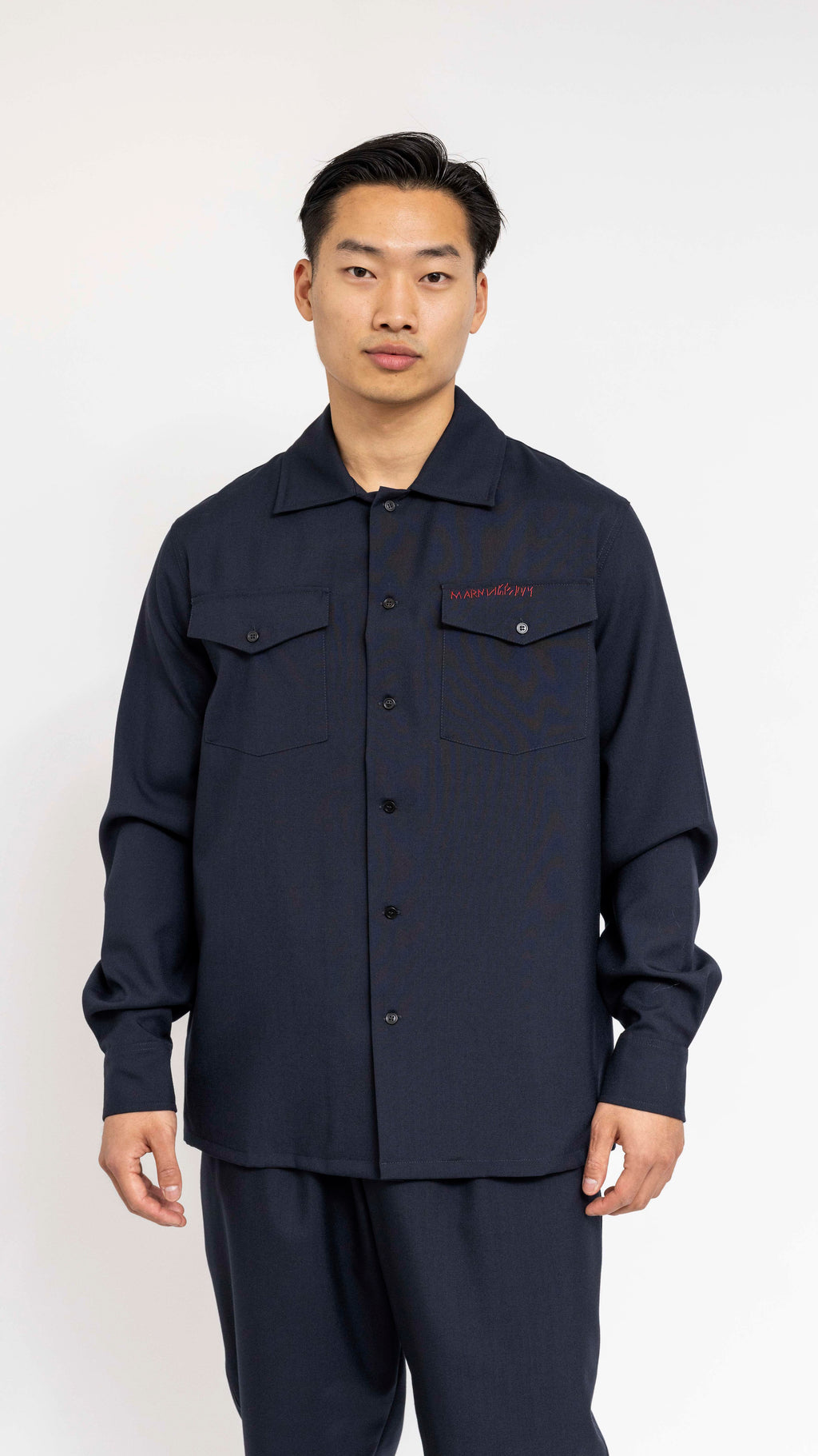 MARNI NAVY TROPICAL WOOL TWO POCKET LOGO SHIRT