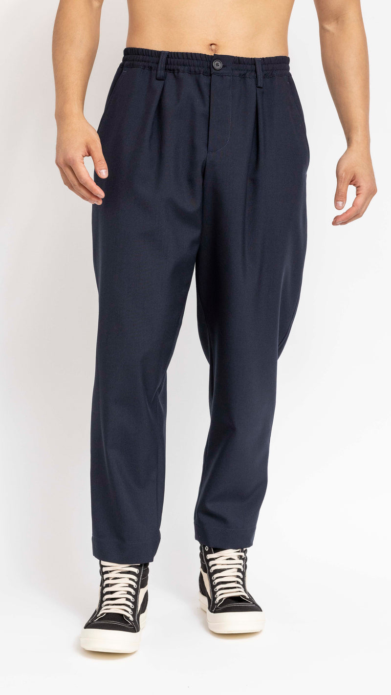 MARNI NAVY TROPICAL WOOL ELASTIC WAIST PANTS