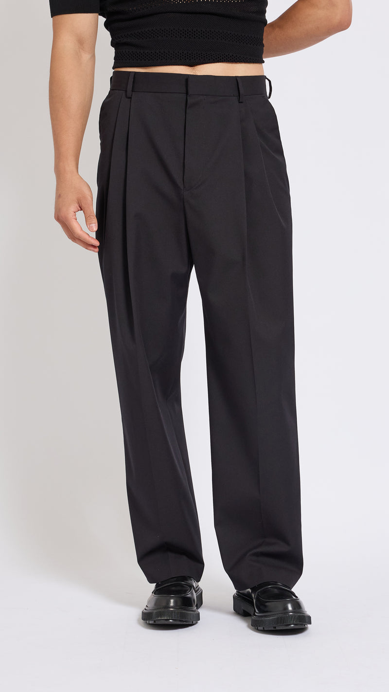 DRIES VAN NOTEN BLACK DOUBLE PLEAT WIDE PHOENIX PANTS – AREA+001