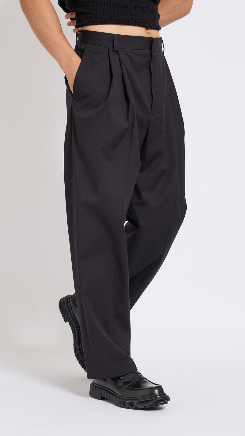 DRIES VAN NOTEN BLACK DOUBLE PLEAT WIDE PHOENIX PANTS – AREA+001