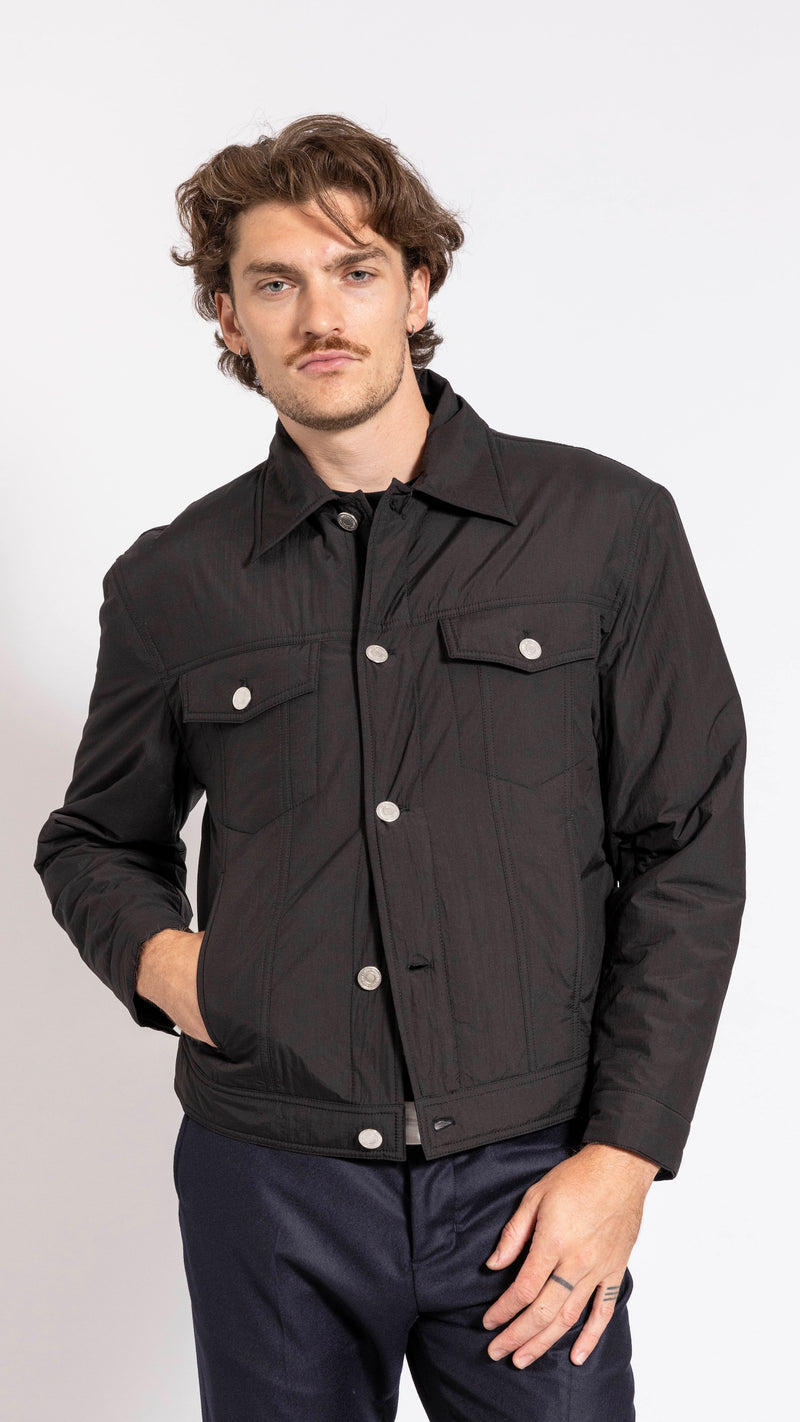 AMI PARIS BLACK NYLON PADDED TRUCKER JACKET