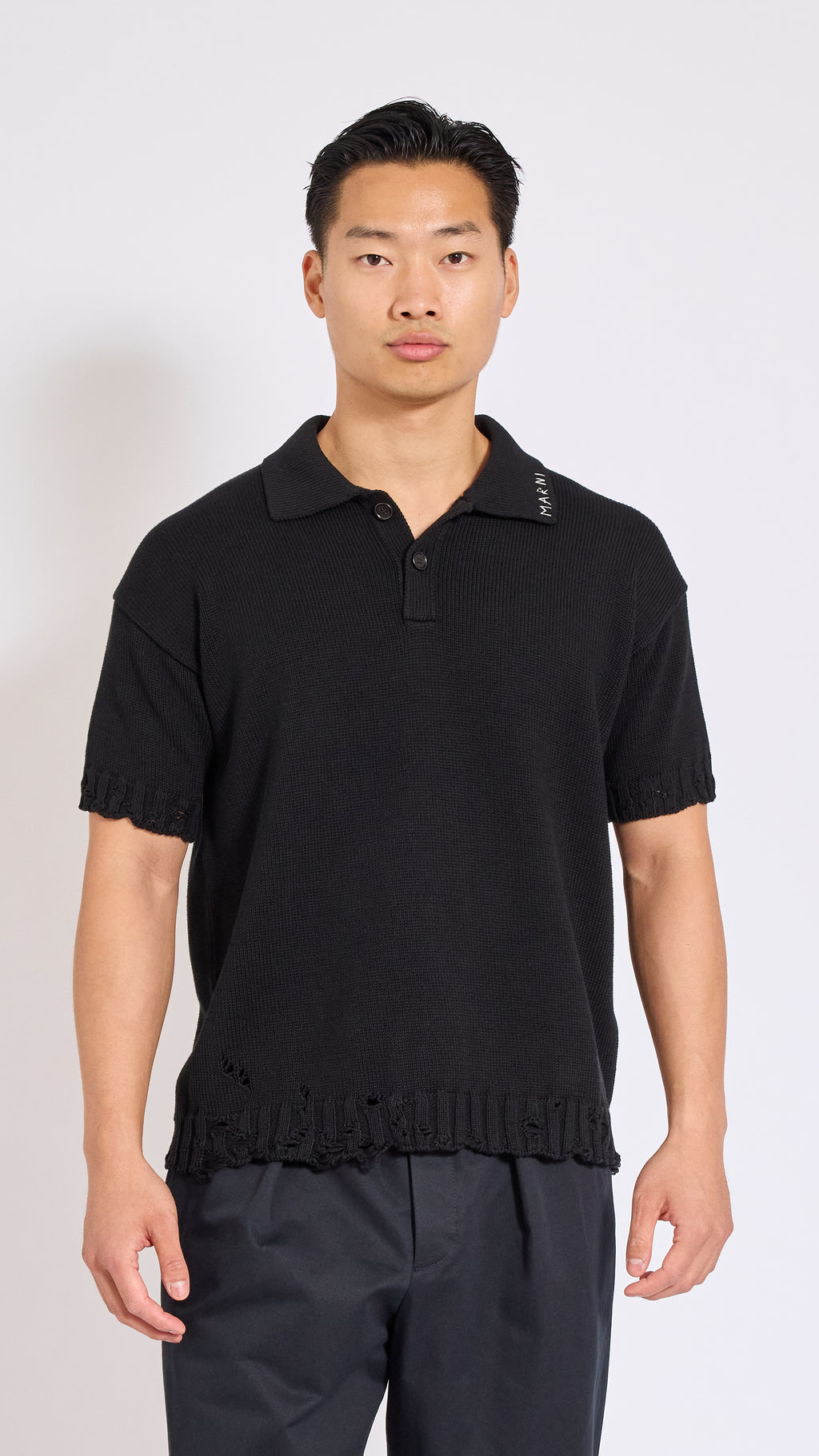 MARNI BLACK TWISTED DECONSTRUCTED POLO SHIRT