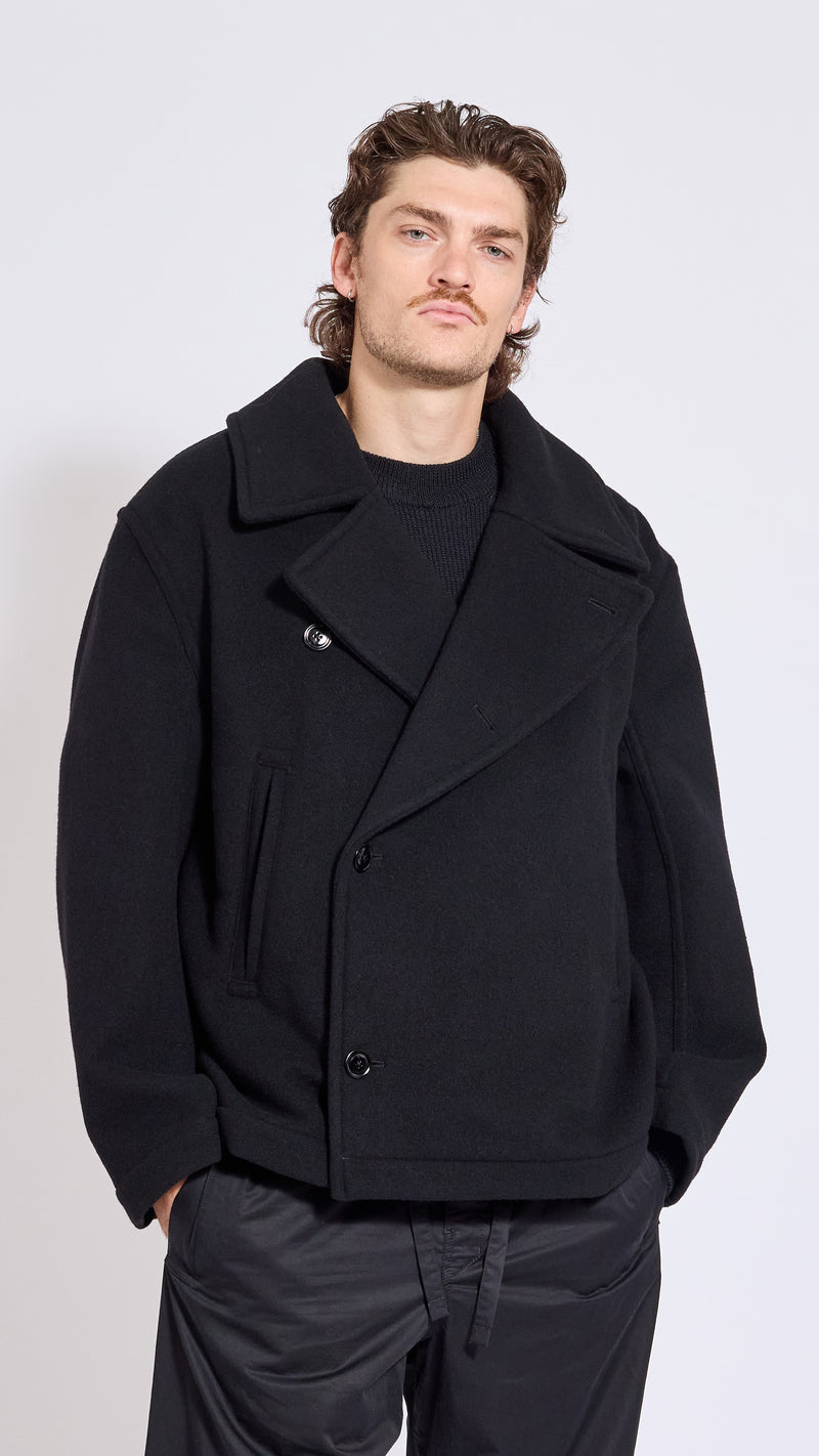 LEMAIRE BLACK WOOK BOXY PEACOAT