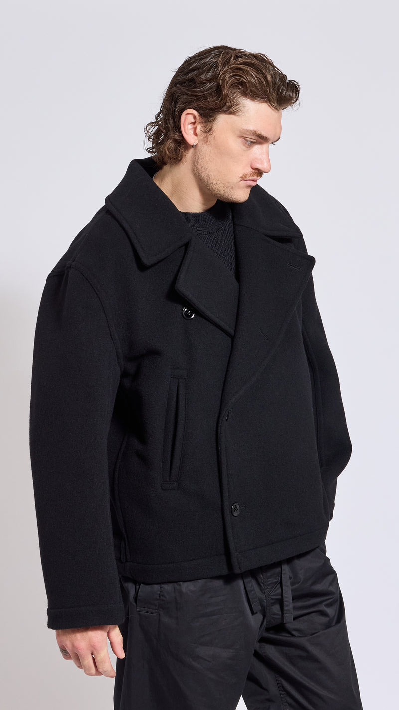 LEMAIRE BLACK WOOK BOXY PEACOAT