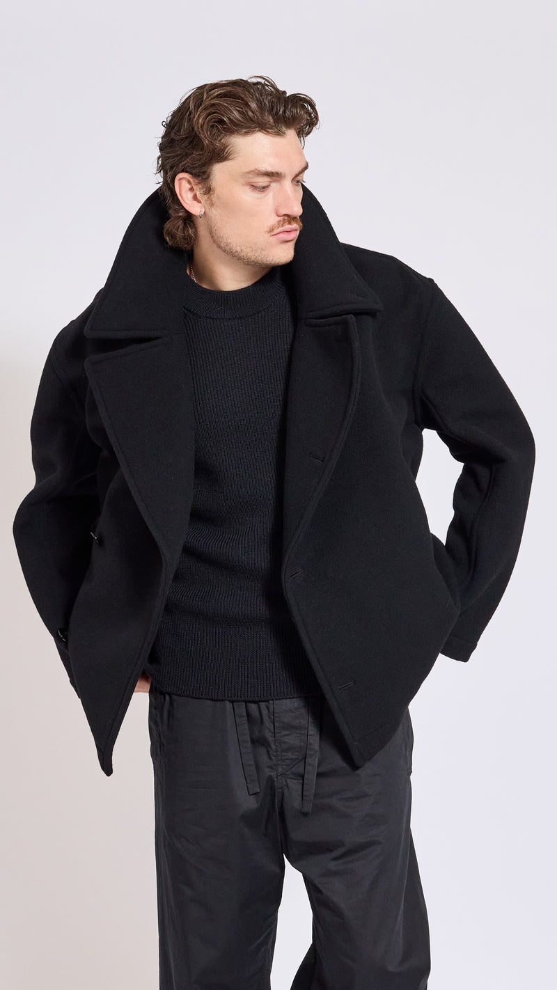 LEMAIRE BLACK WOOK BOXY PEACOAT