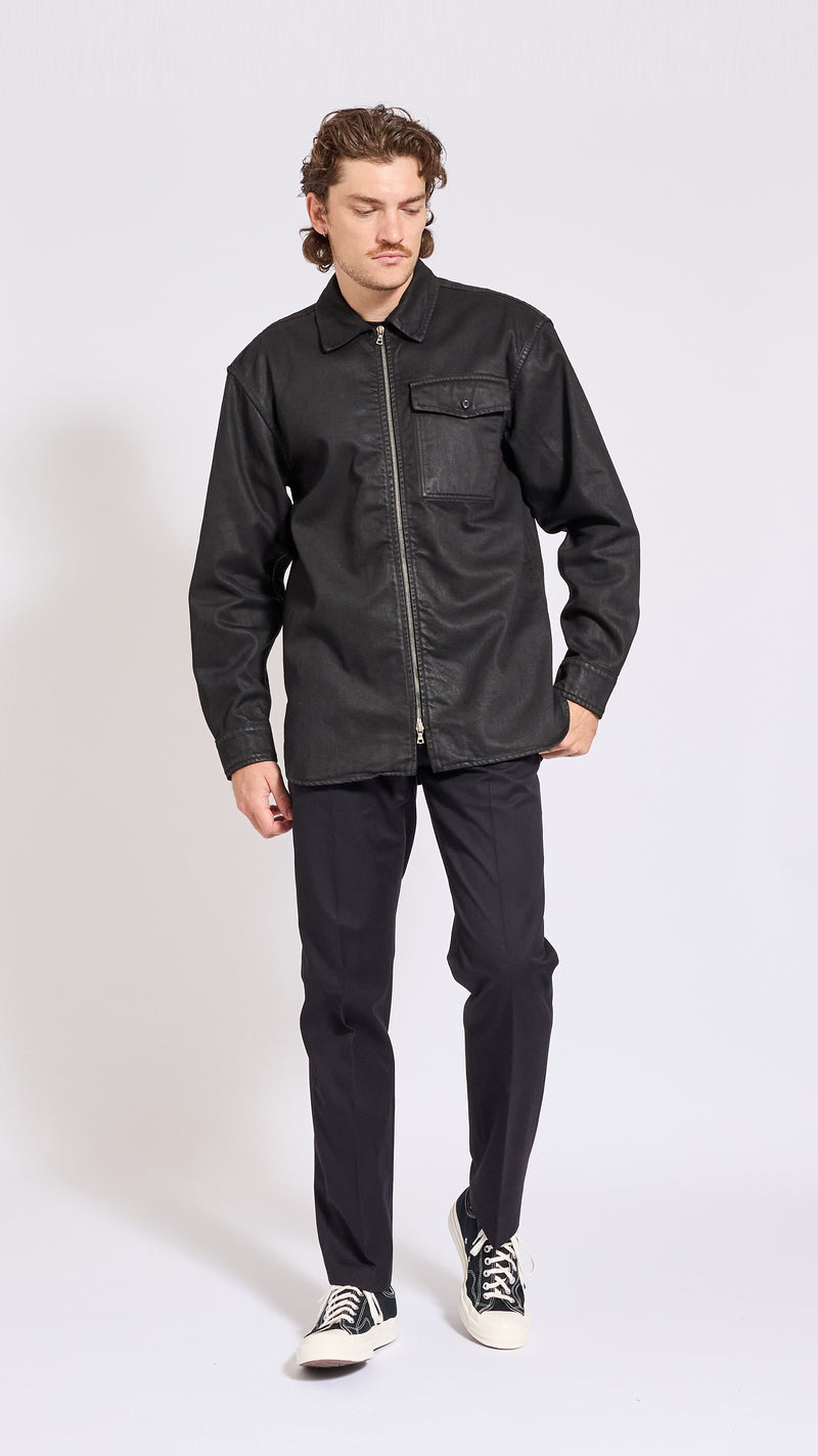 DRIES VAN NOTEN BLACK COATED DENIM CROOMSON SHIRT