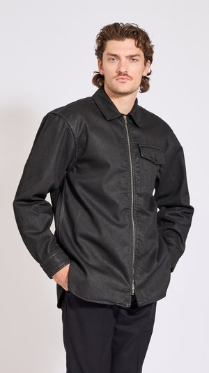 DRIES VAN NOTEN BLACK COATED DENIM CROOMSON SHIRT
