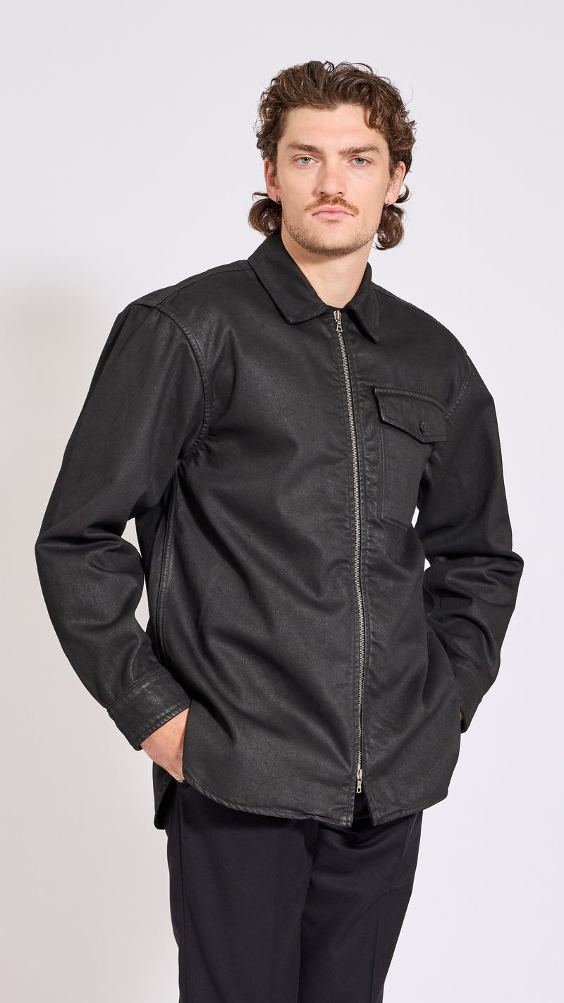 DRIES VAN NOTEN BLACK COATED DENIM CROOMSON SHIRT
