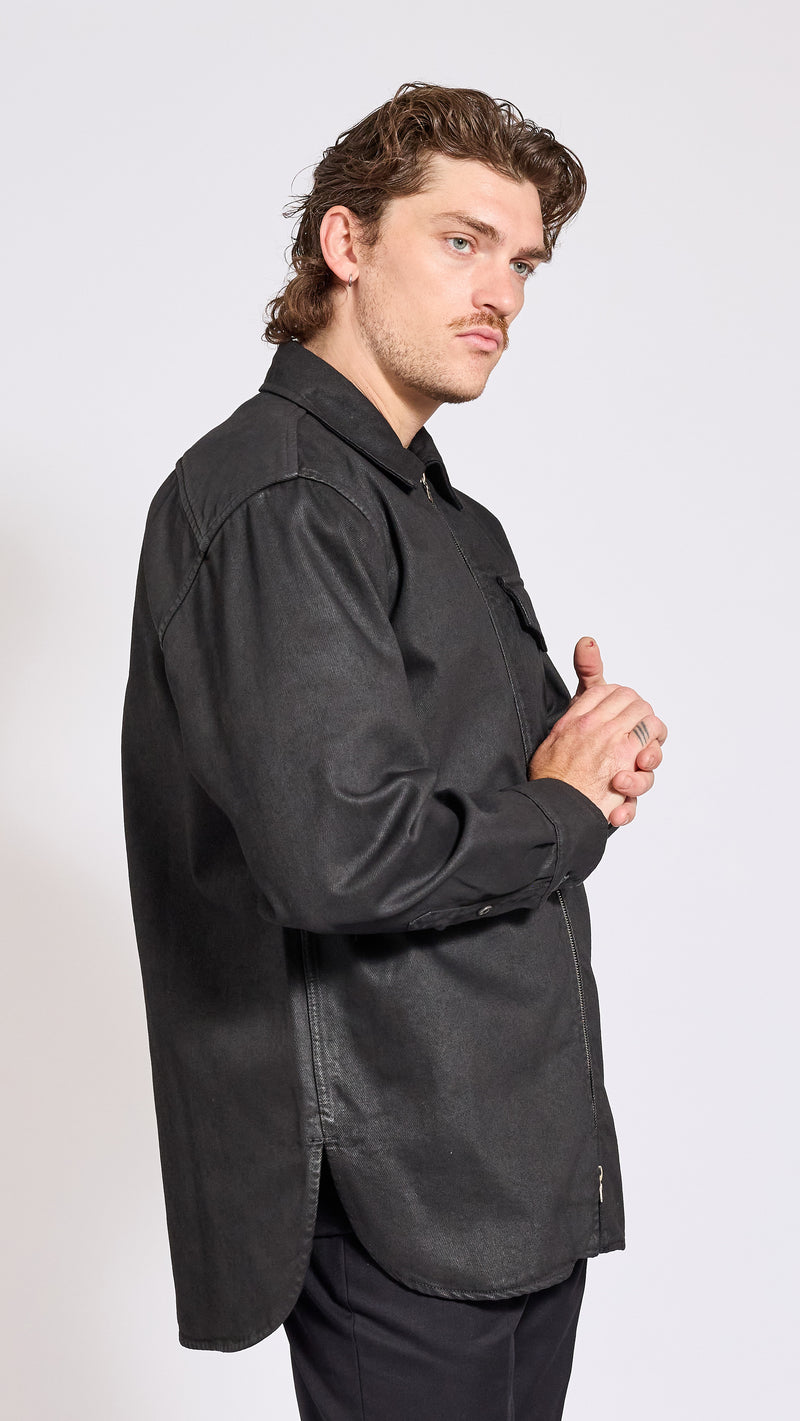 DRIES VAN NOTEN BLACK COATED DENIM CROOMSON SHIRT