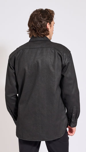 DRIES VAN NOTEN BLACK COATED DENIM CROOMSON SHIRT