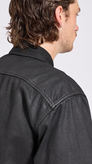 DRIES VAN NOTEN BLACK COATED DENIM CROOMSON SHIRT
