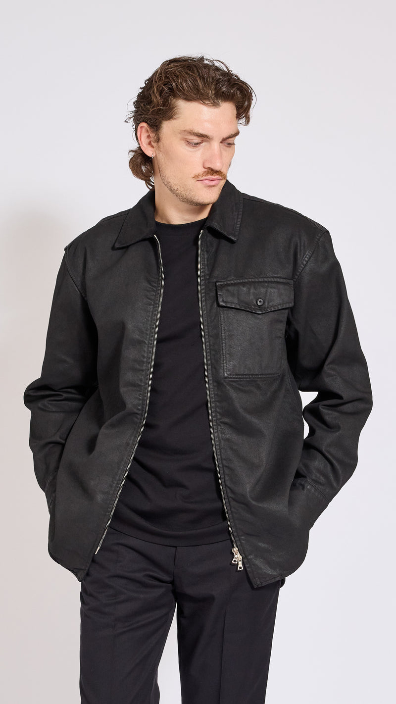 DRIES VAN NOTEN BLACK COATED DENIM CROOMSON SHIRT